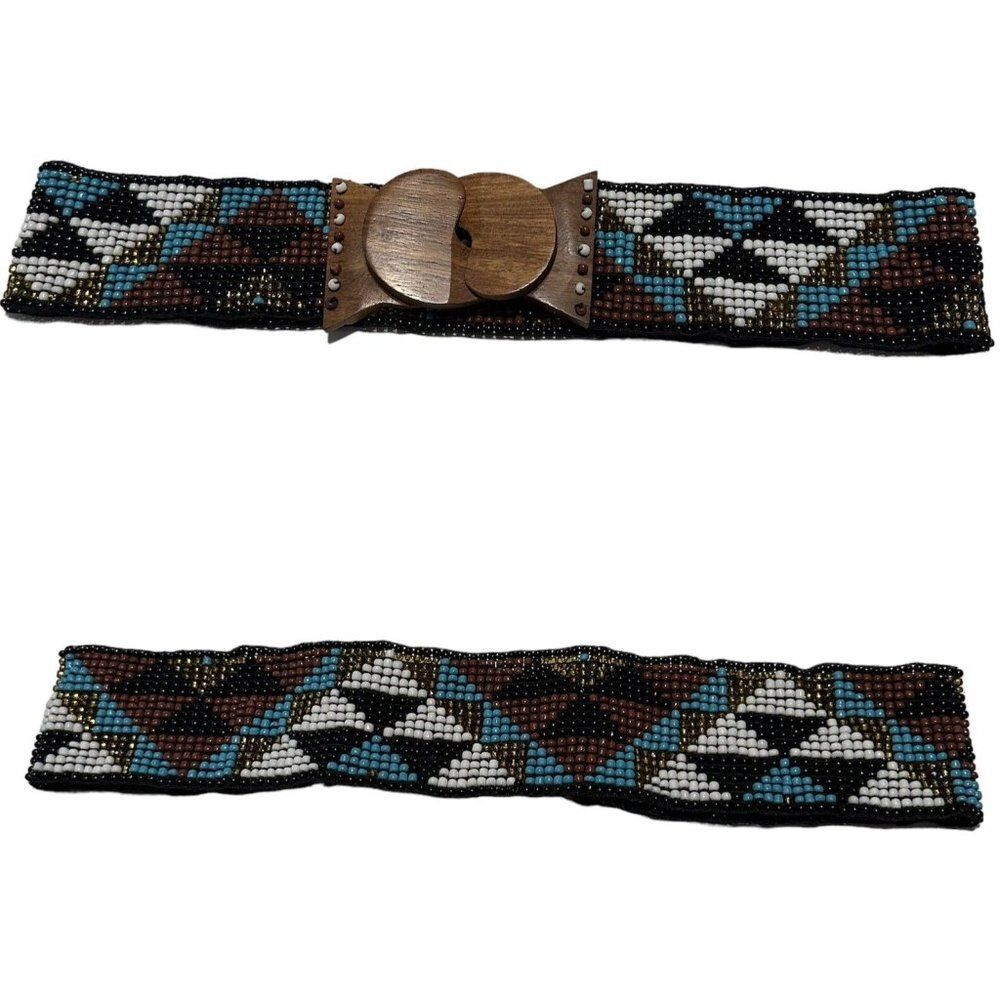 Vintage Wide Glass Bead Stretch Belt Boho Wood Buckle Festival Native American